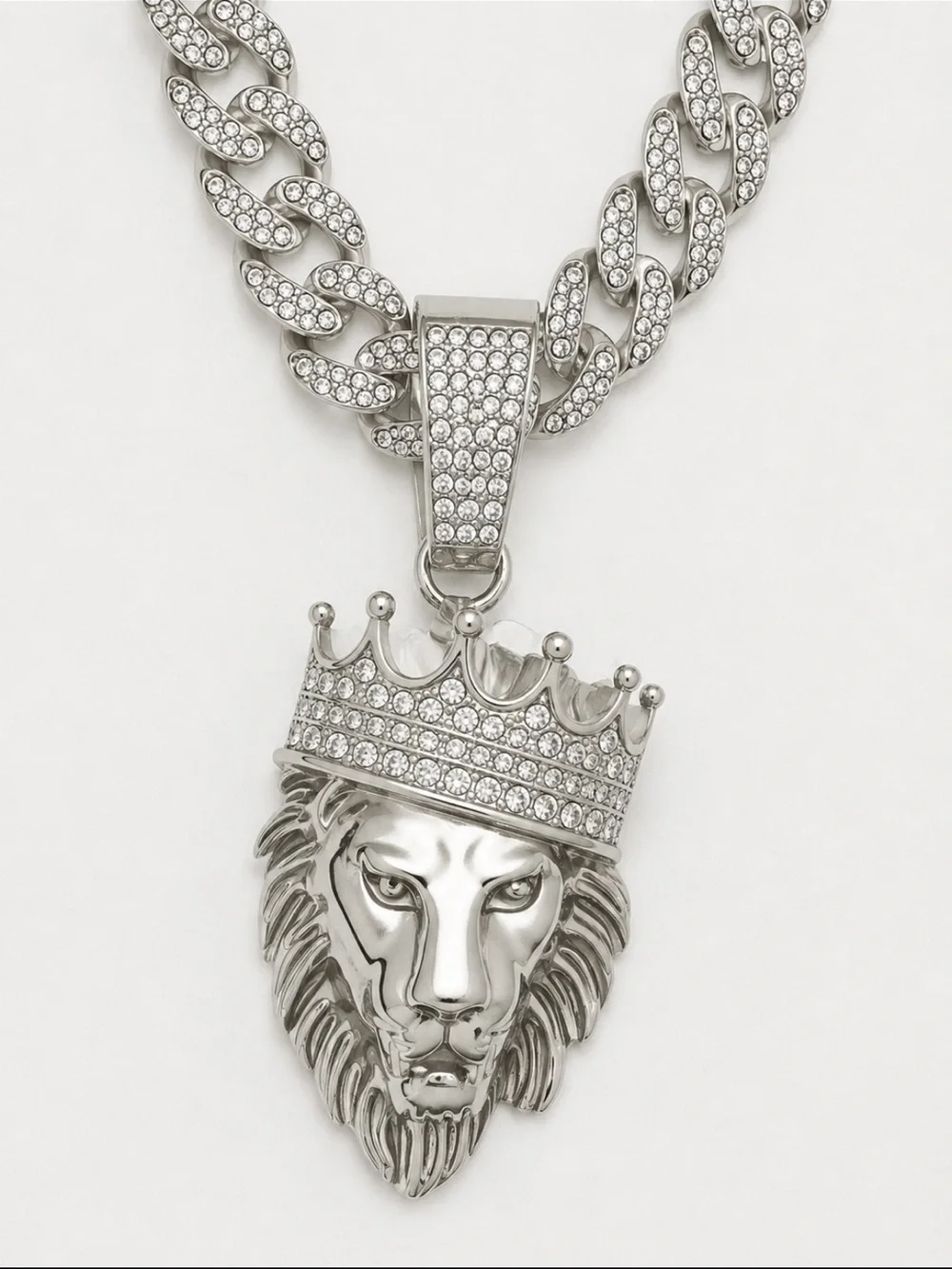 Silver Iced Out Lion Pendant Necklace Simulated Diamond 20” Miami Cuban Chain